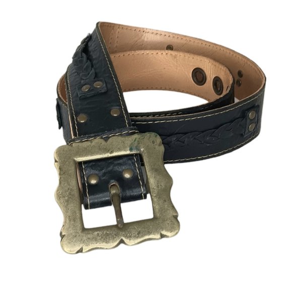 Black Leather Gold Buckle Belt Braid Detail by Marnie Bugs Belt - Picture 1 of 12